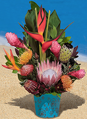 Tall protea and tropical arrangement